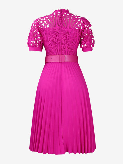 Elegant Vintage-Inspired Lace Patchwork Belted Pleated Midi Dress