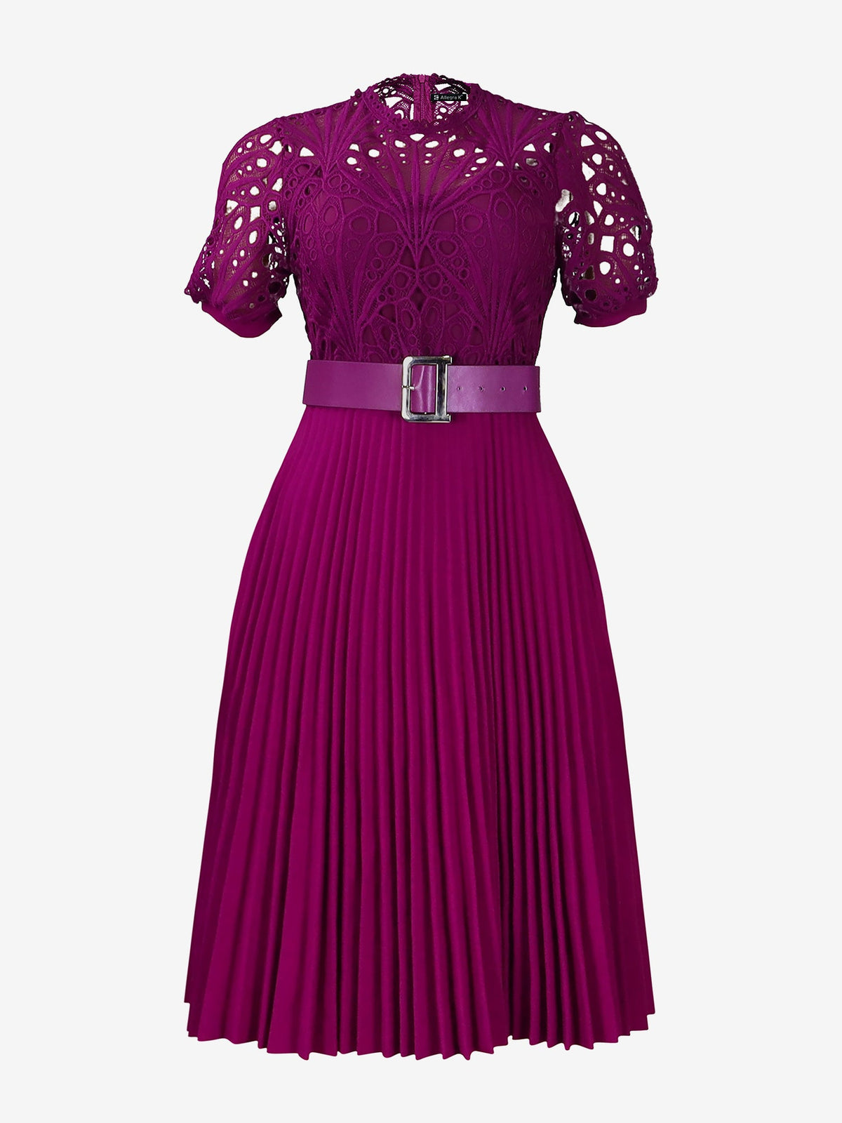 Elegant Vintage-Inspired Lace Patchwork Belted Pleated Midi Dress