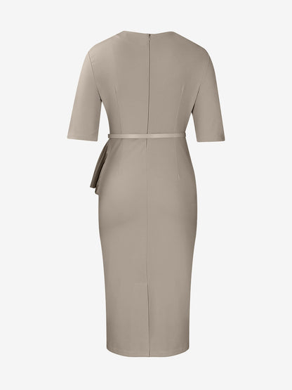 Classic Slim Fit Solid Color Short Sleeves Belted Midi Sheath Work Dress