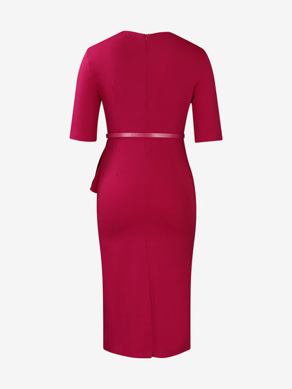 Classic Slim Fit Solid Color Short Sleeves Belted Midi Sheath Work Dress