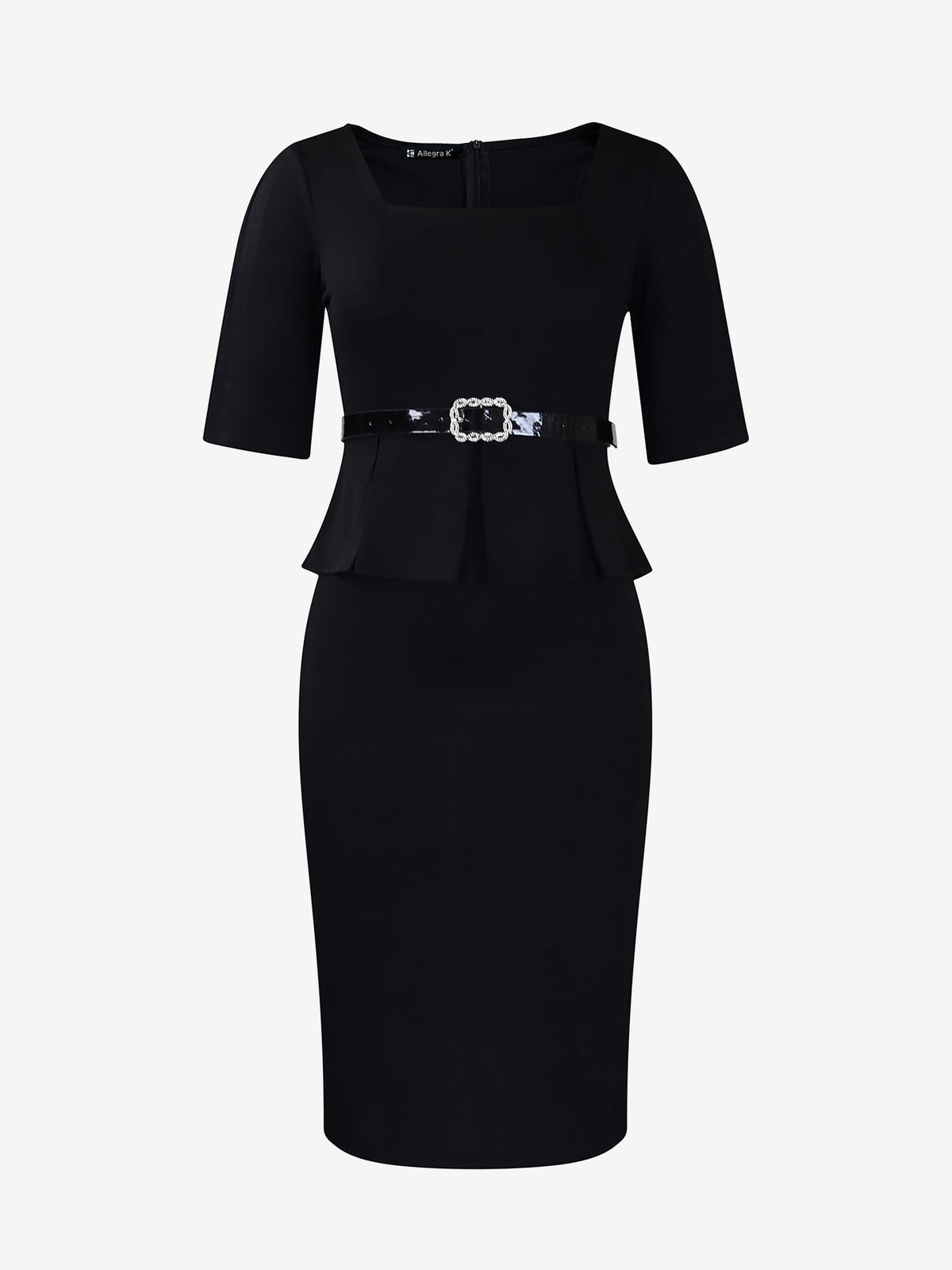 Short Sleeve Peplum Belted Midi Sheath Dress