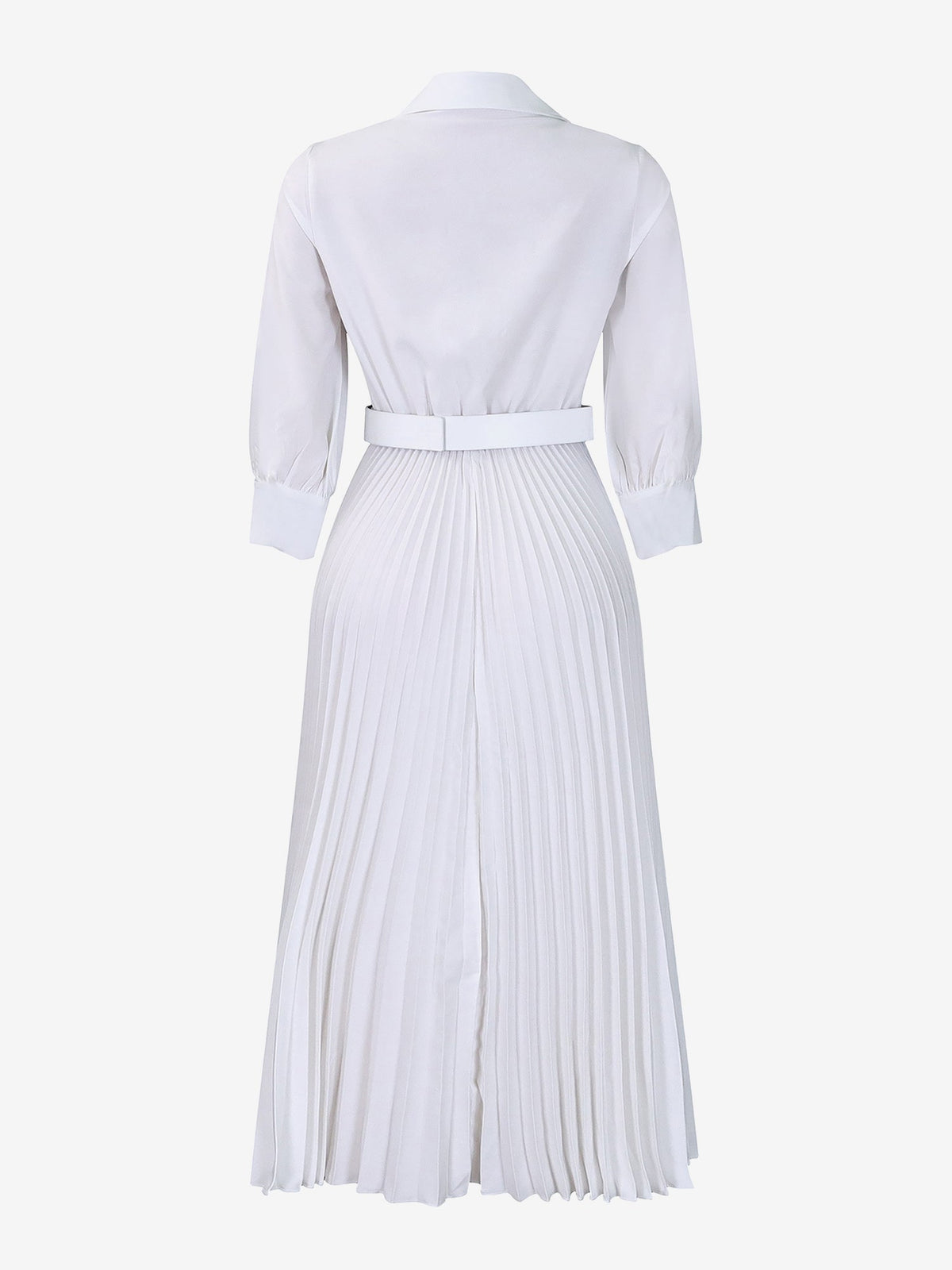 Elegant Solid Color Shirt Tailored Collar Pleated Belted Midi Dress