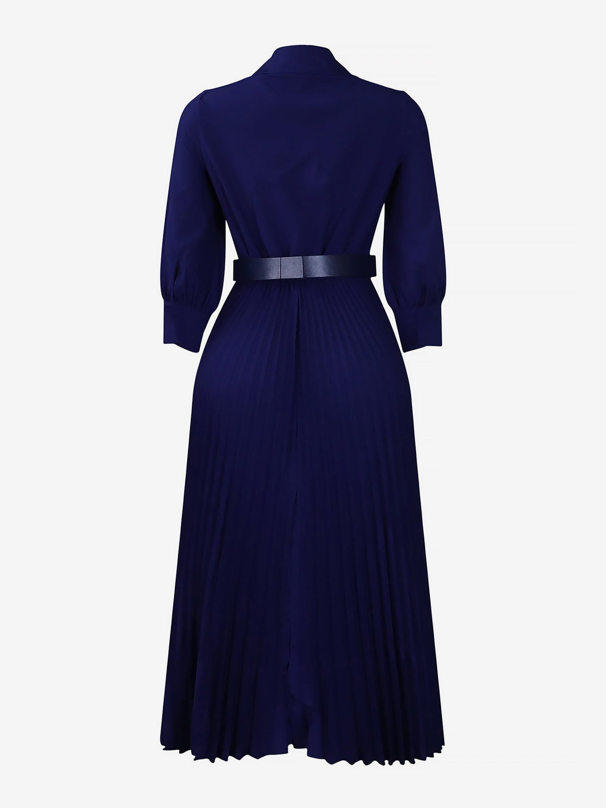 Elegant Solid Color Shirt Tailored Collar Pleated Belted Midi Dress