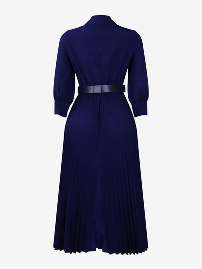 Elegant Solid Color Shirt Tailored Collar Pleated Belted Midi Dress