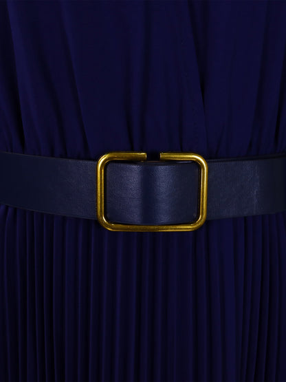 Elegant Solid Color Shirt Tailored Collar Pleated Belted Midi Dress