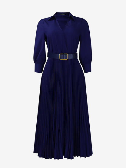 Elegant Solid Color Shirt Tailored Collar Pleated Belted Midi Dress