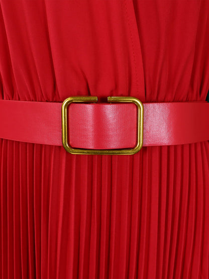 Elegant Solid Color Shirt Tailored Collar Pleated Belted Midi Dress