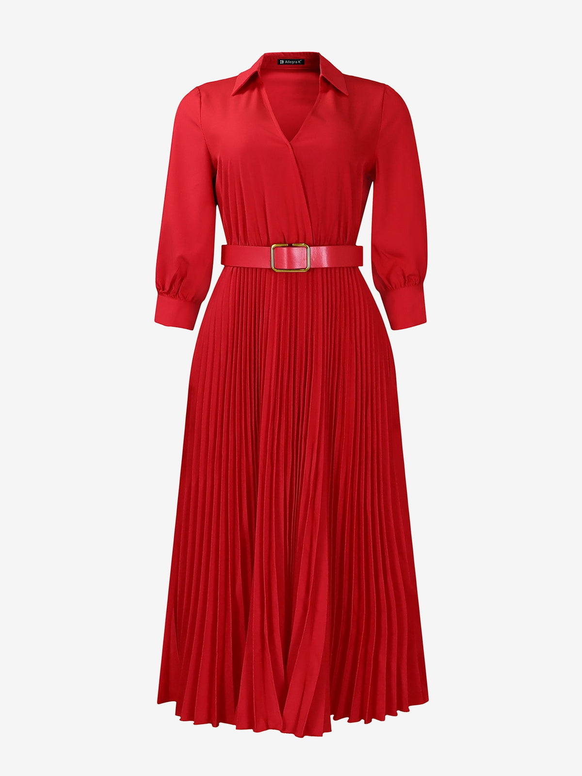 Elegant Solid Color Shirt Tailored Collar Pleated Belted Midi Dress