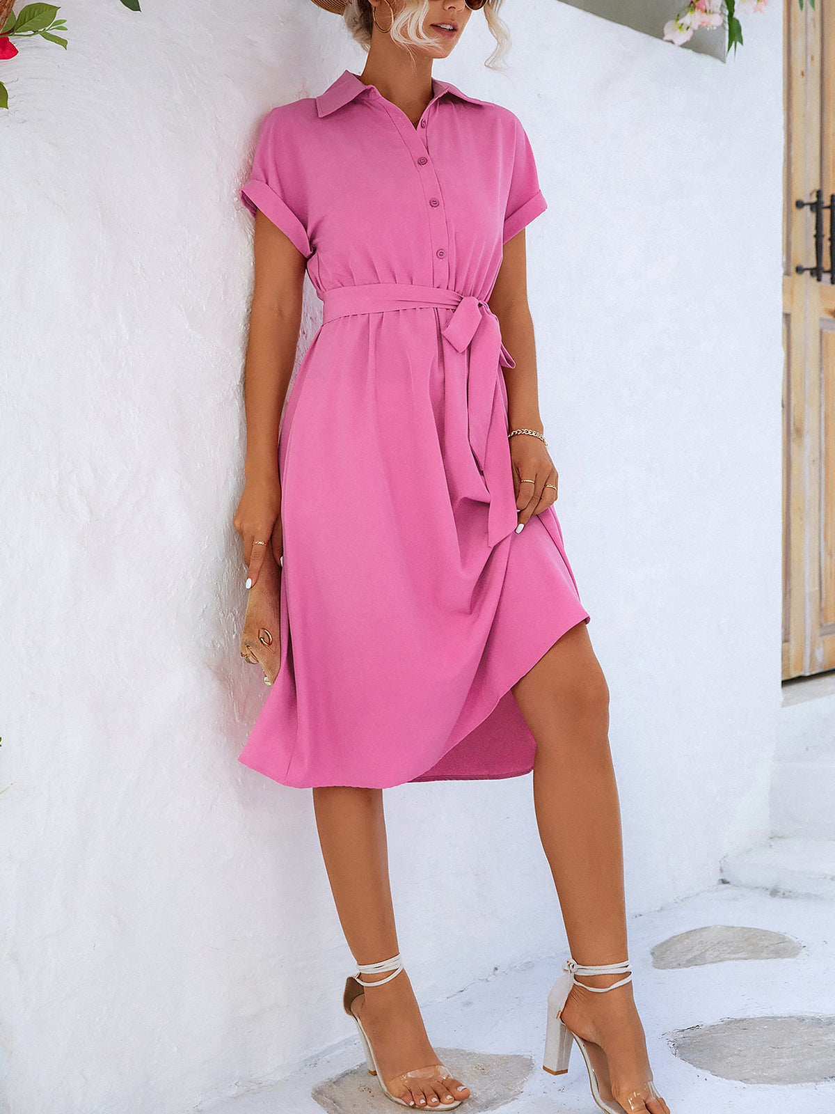 Tailored Collar & Adjustable Waist Solid Color Short Sleeves Lace-Up Midi Shirt Office Dress