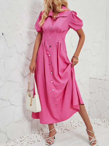 Puff Sleeve Button Down Solid Color Shirt Dress
