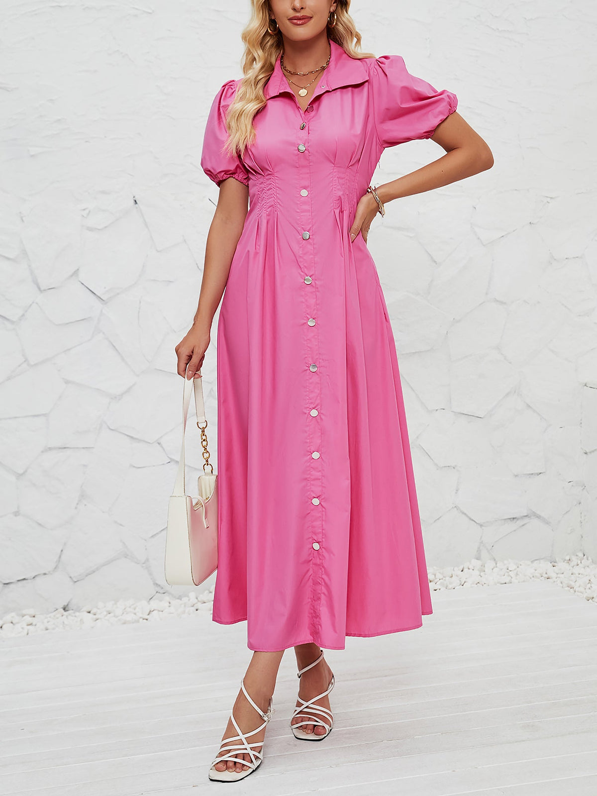 Puff Sleeve Button Down Solid Color Shirt Dress