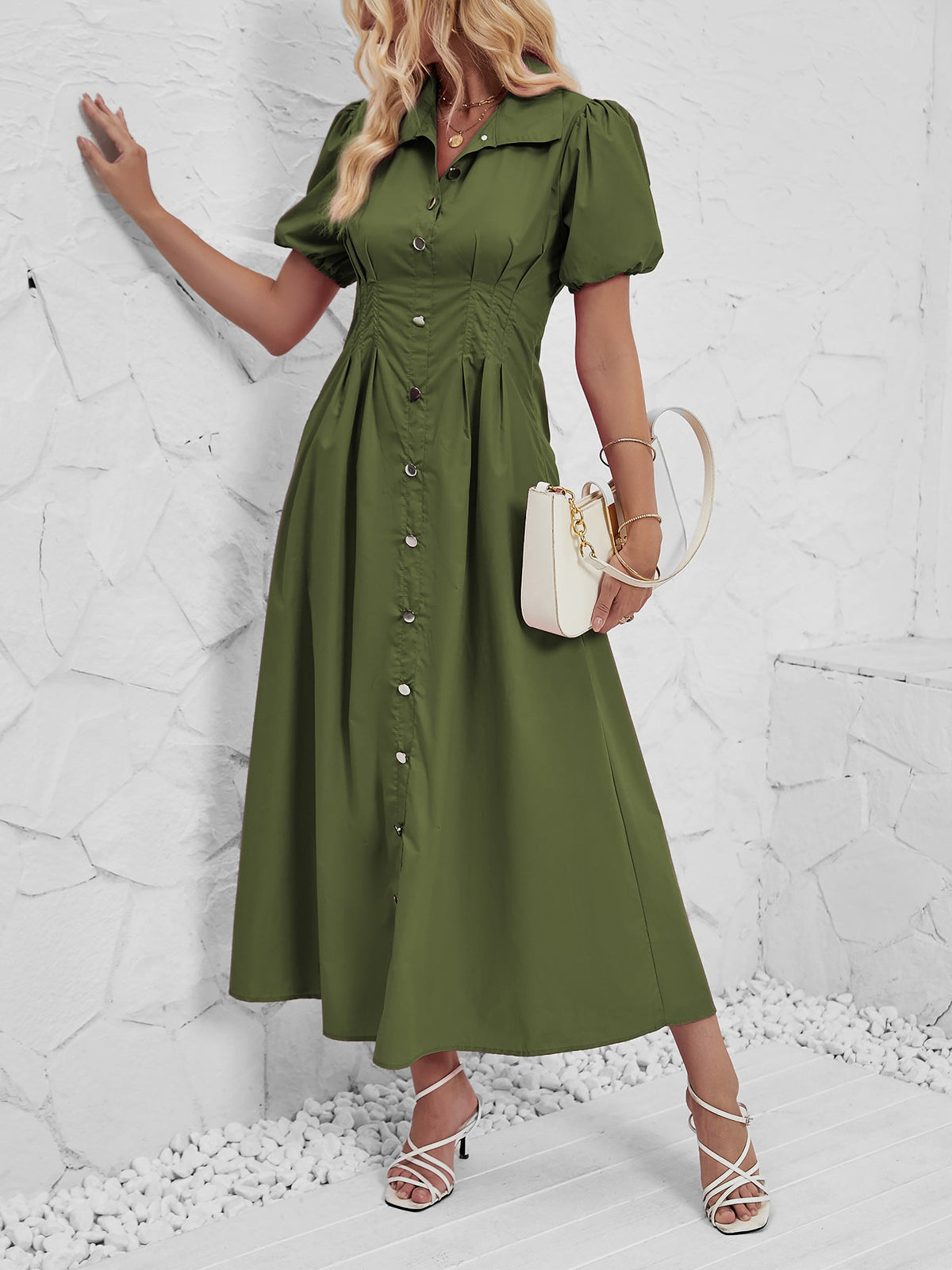 Puff Sleeve Button Down Solid Color Shirt Dress