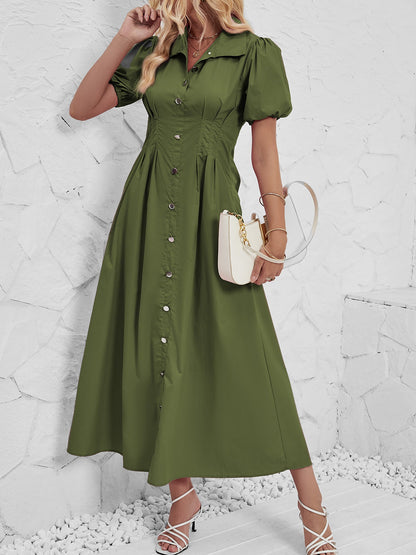Puff Sleeve Button Down Solid Color Shirt Dress