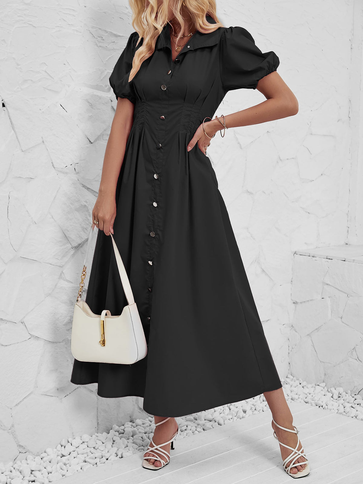 Puff Sleeve Button Down Solid Color Shirt Dress