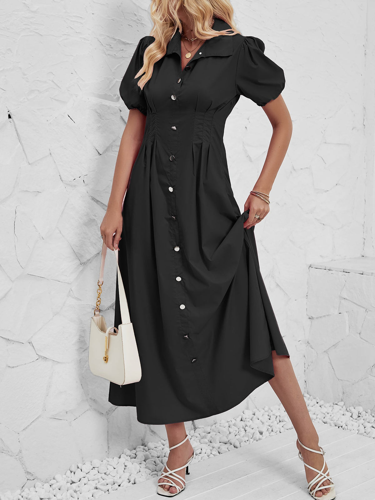 Puff Sleeve Button Down Solid Color Shirt Dress