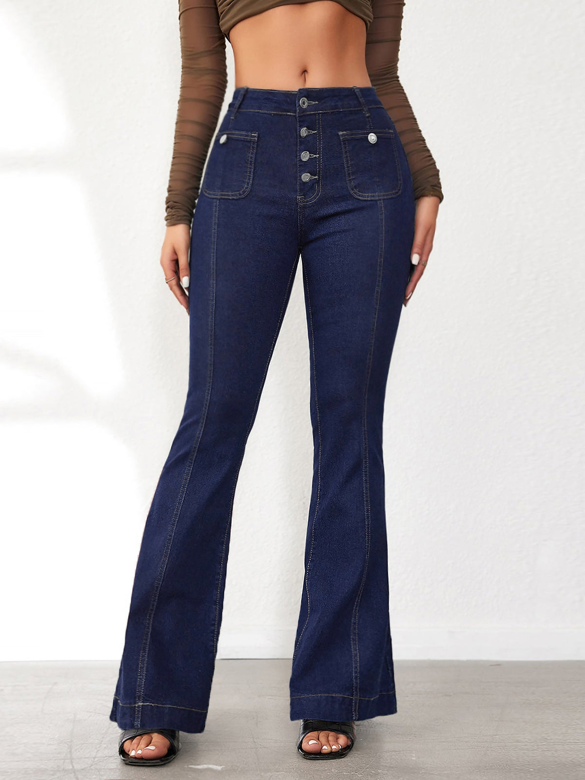 Denim Buttoned Bell-Bottomed Pocketed Jeans
