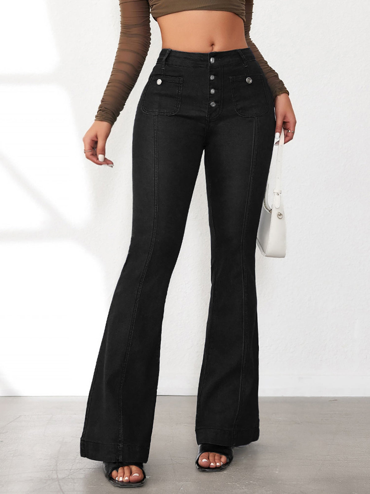 Denim Buttoned Bell-Bottomed Pocketed Jeans