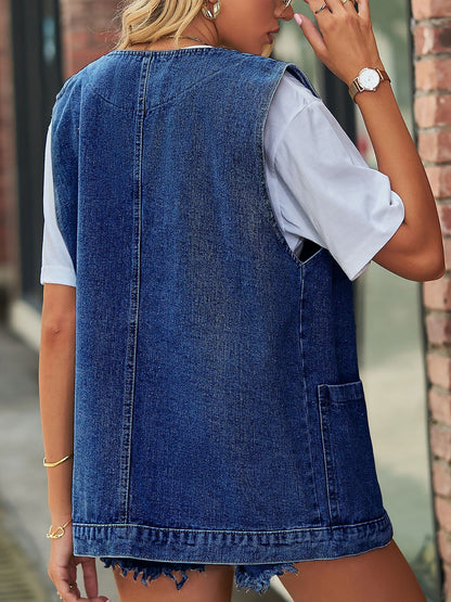 Casual Pocketed Sleeveless Button Waistcoat Denim Vest