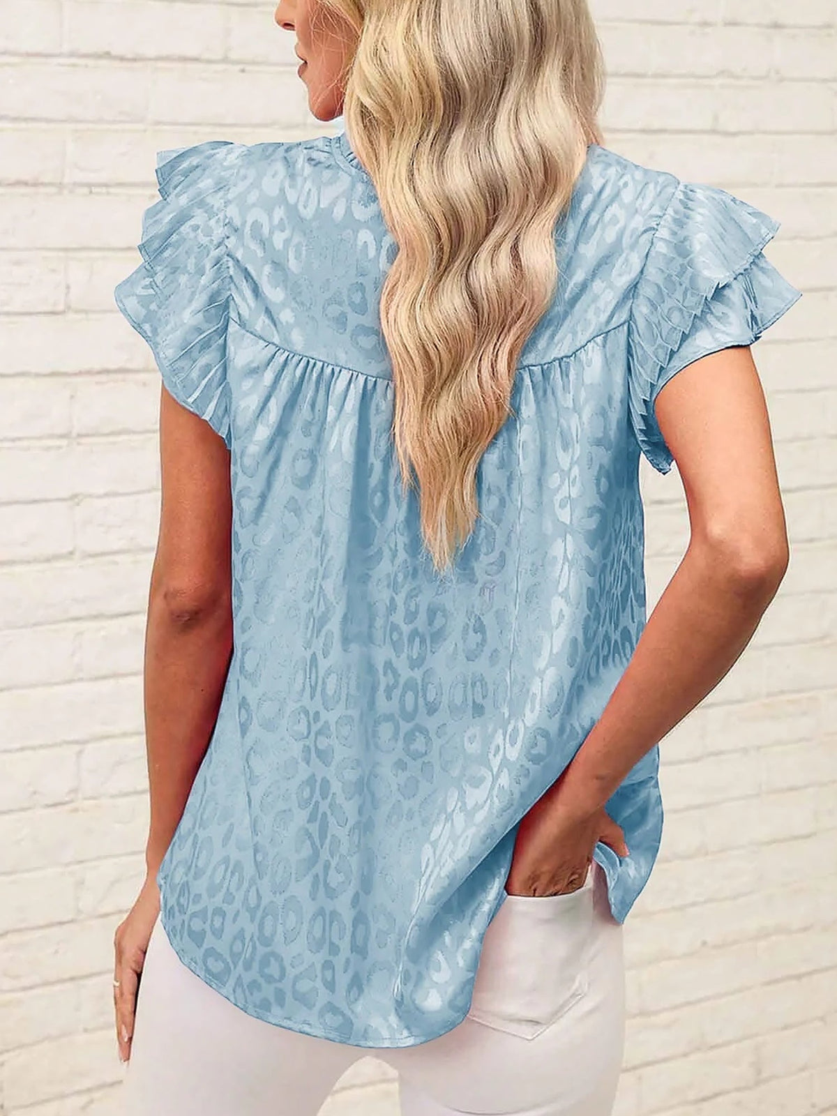 Ruffled Short Sleeves Leopard Print Casual Blouse