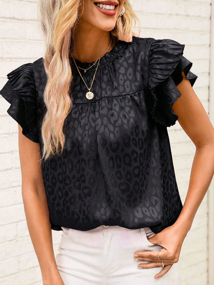 Ruffled Short Sleeves Leopard Print Casual Blouse