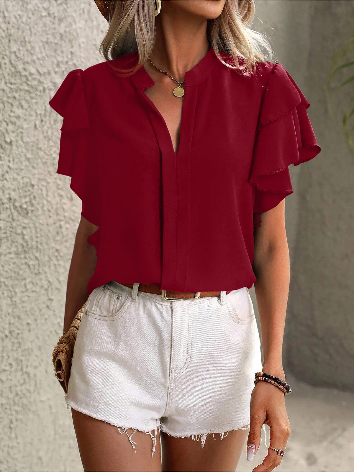Chic Notch Neck Flutter Ruffles Short Sleeves Casual Office Blouse