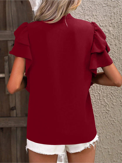 Chic Notch Neck Flutter Ruffles Short Sleeves Casual Office Blouse