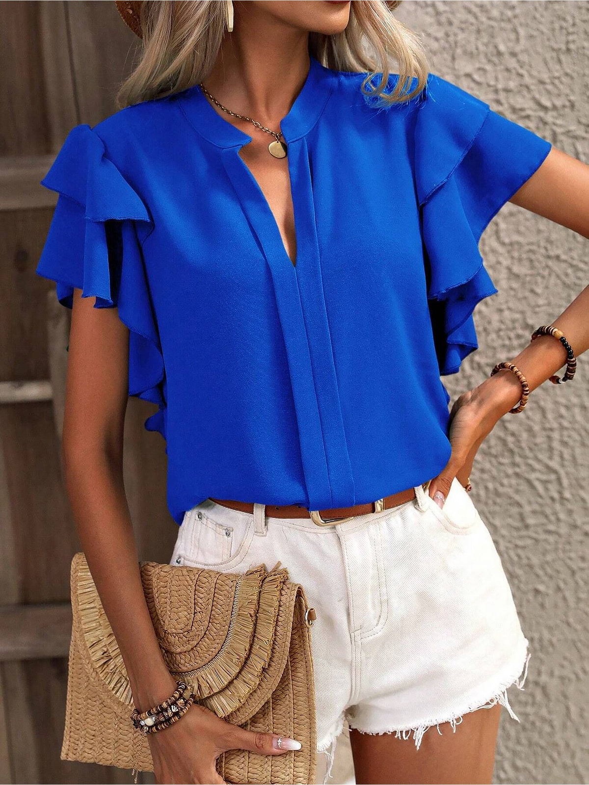 Chic Notch Neck Flutter Ruffles Short Sleeves Casual Office Blouse