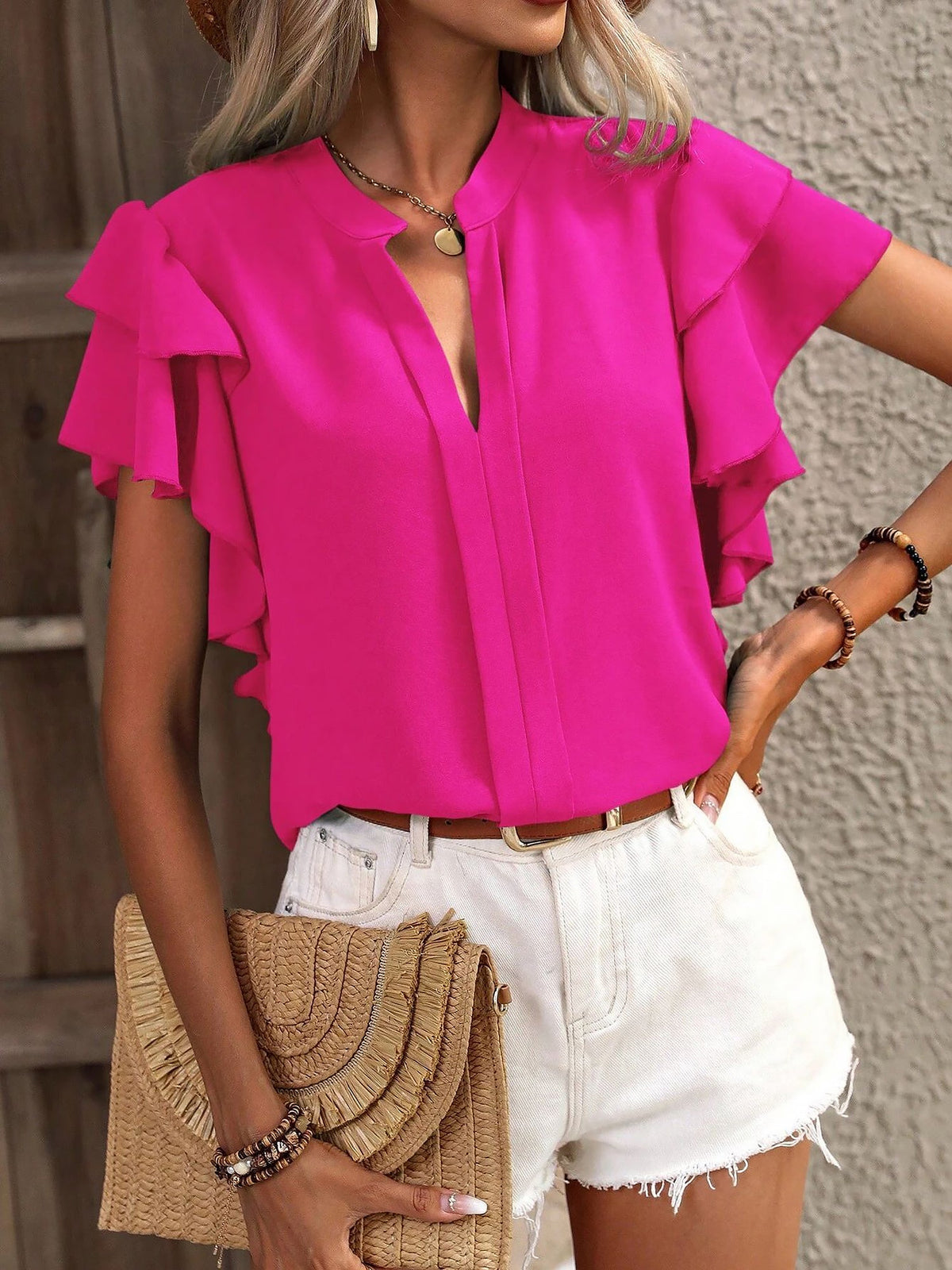 Chic Notch Neck Flutter Ruffles Short Sleeves Casual Office Blouse