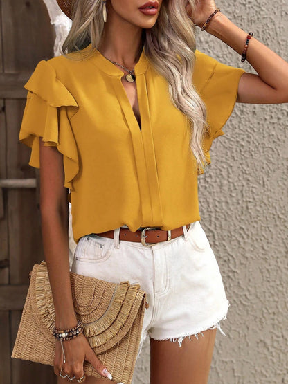 Chic Notch Neck Flutter Ruffles Short Sleeves Casual Office Blouse