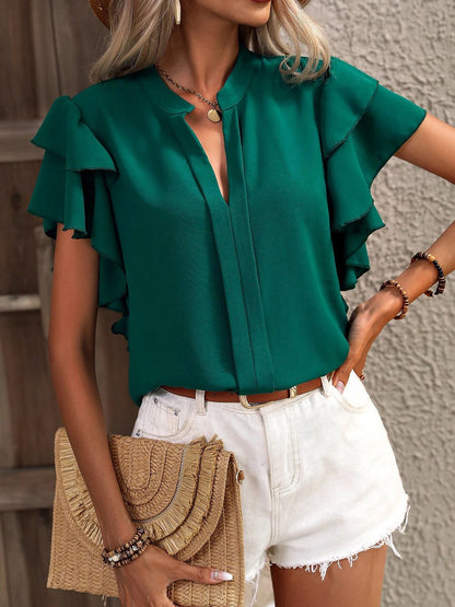 Chic Notch Neck Flutter Ruffles Short Sleeves Casual Office Blouse