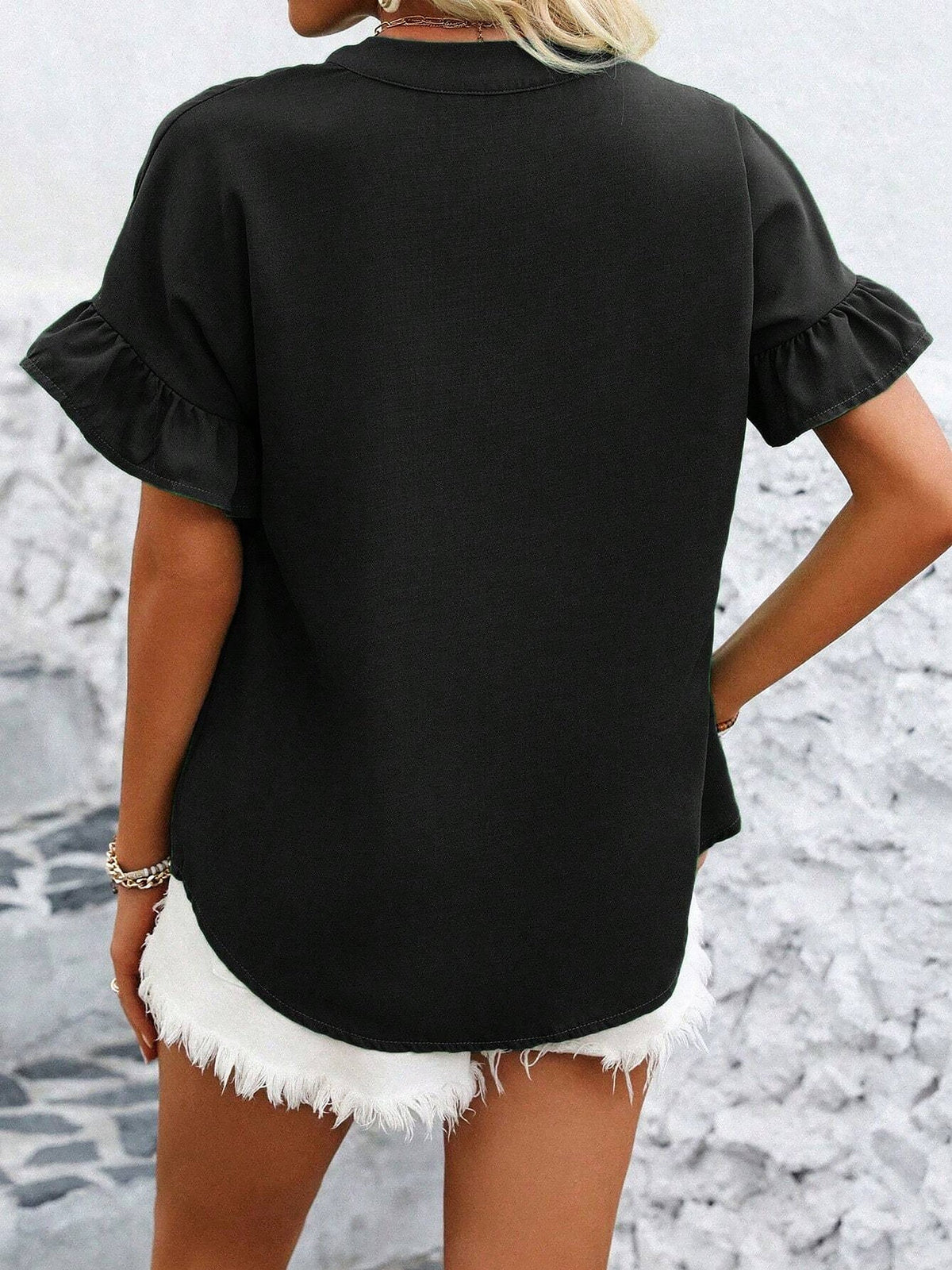 Ruffled Short Sleeve Button Solid Color Casual Blouse