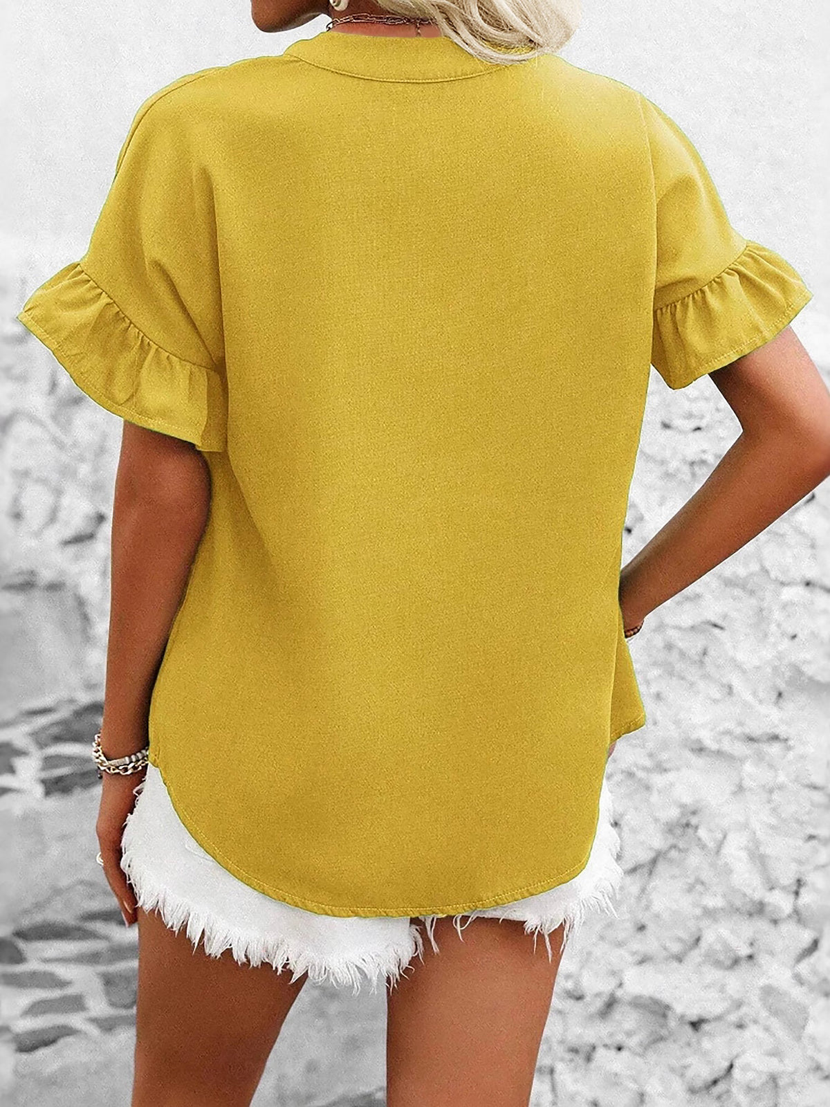 Ruffled Short Sleeve Button Solid Color Casual Blouse