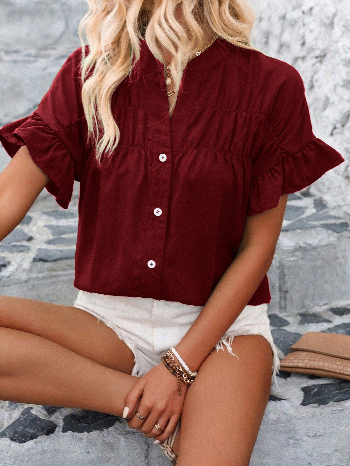 Ruffled Short Sleeve Button Solid Color Casual Blouse