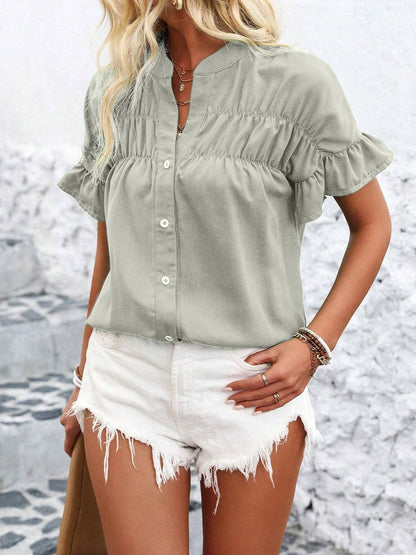 Ruffled Short Sleeve Button Solid Color Casual Blouse