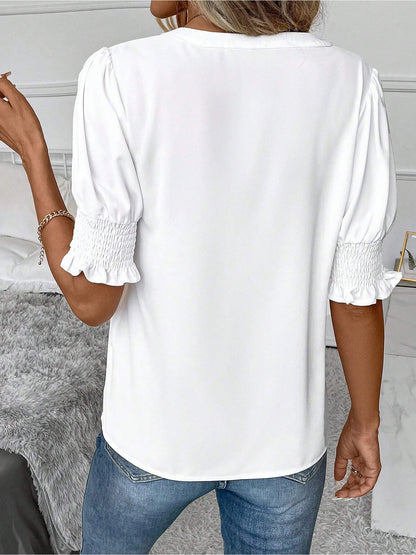 Flattering Smocked Puff Sleeve Solid Color Casual Blouse for Office and Weekend Wear