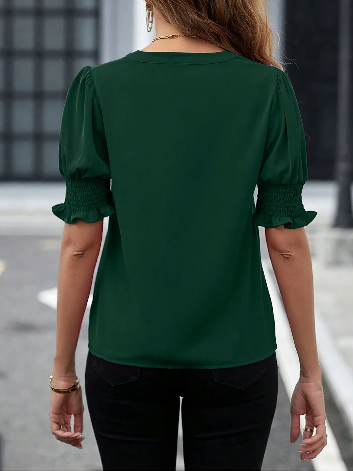 Flattering Smocked Puff Sleeve Solid Color Casual Blouse for Office and Weekend Wear