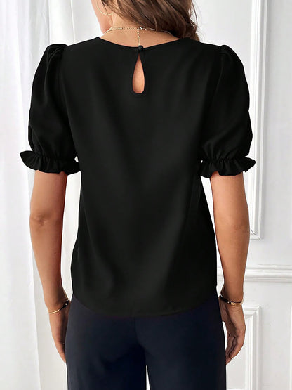 Adjustable Elastic Cuff Solid Color Round Neck Puff Sleeves Blouse