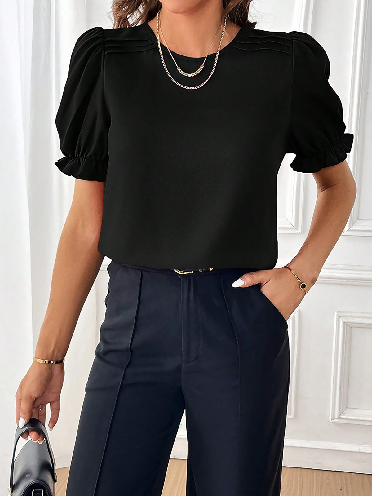 Adjustable Elastic Cuff Solid Color Round Neck Puff Sleeves Blouse