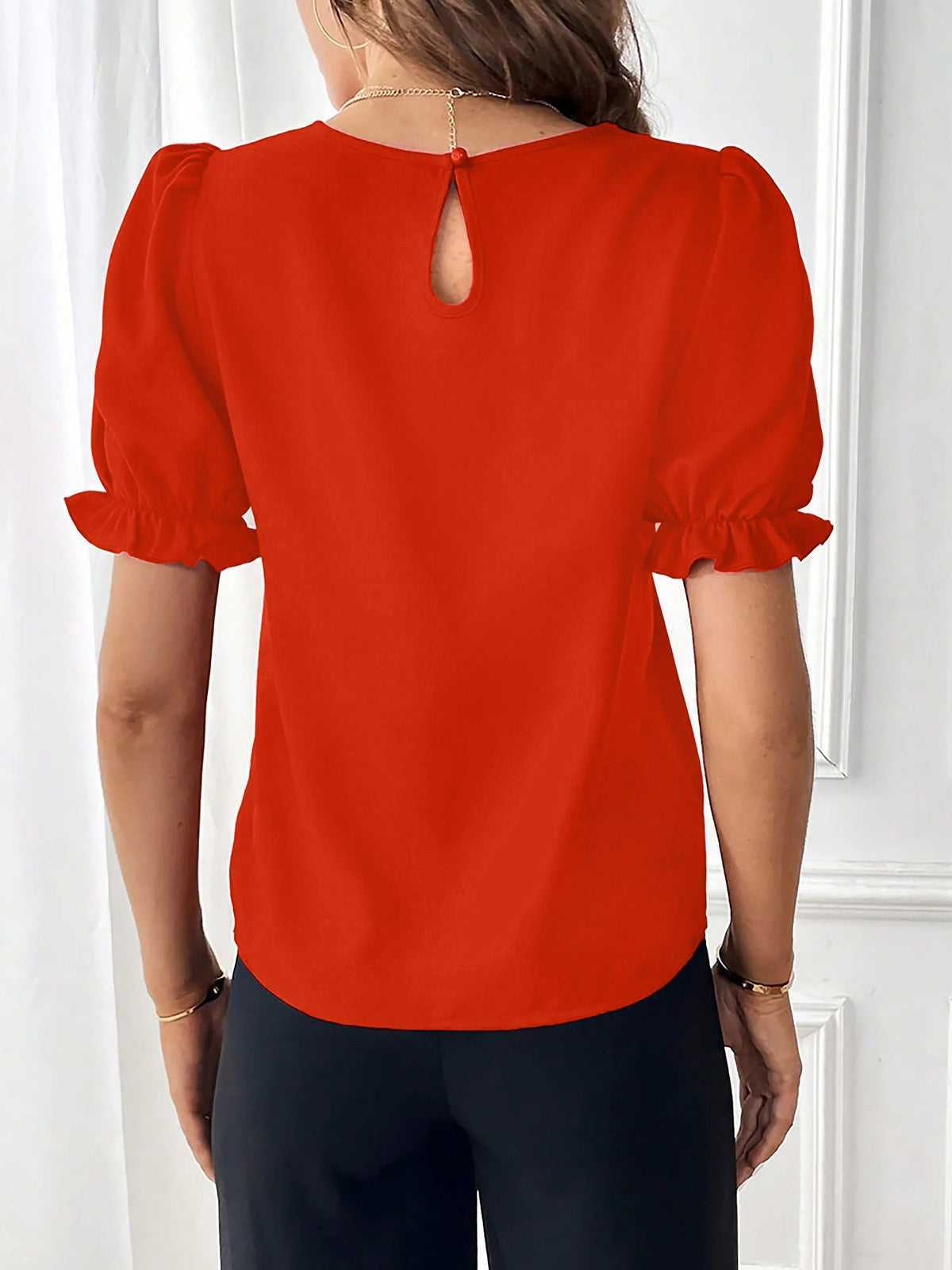 Adjustable Elastic Cuff Solid Color Round Neck Puff Sleeves Blouse