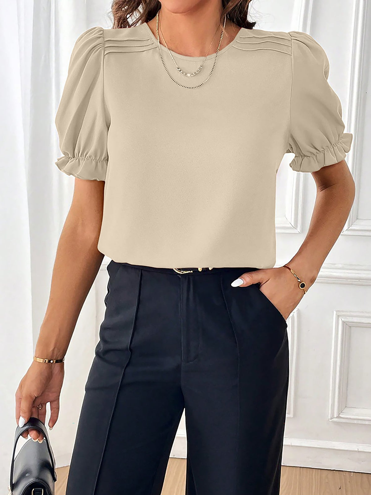 Adjustable Elastic Cuff Solid Color Round Neck Puff Sleeves Blouse