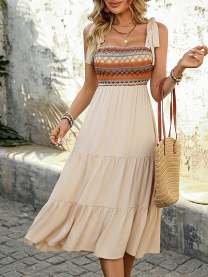 Bohemian Floral Embroidery Boho Sleeveless Tiered Midi Beach Dress Sundress