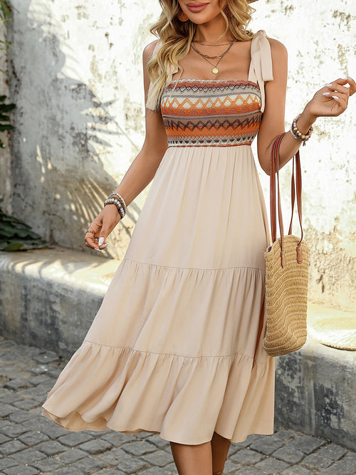 Bohemian Floral Embroidery Boho Sleeveless Tiered Midi Beach Dress Sundress