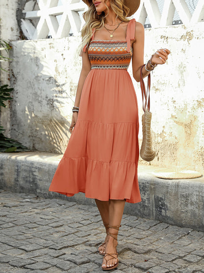 Bohemian Floral Embroidery Boho Sleeveless Tiered Midi Beach Dress Sundress