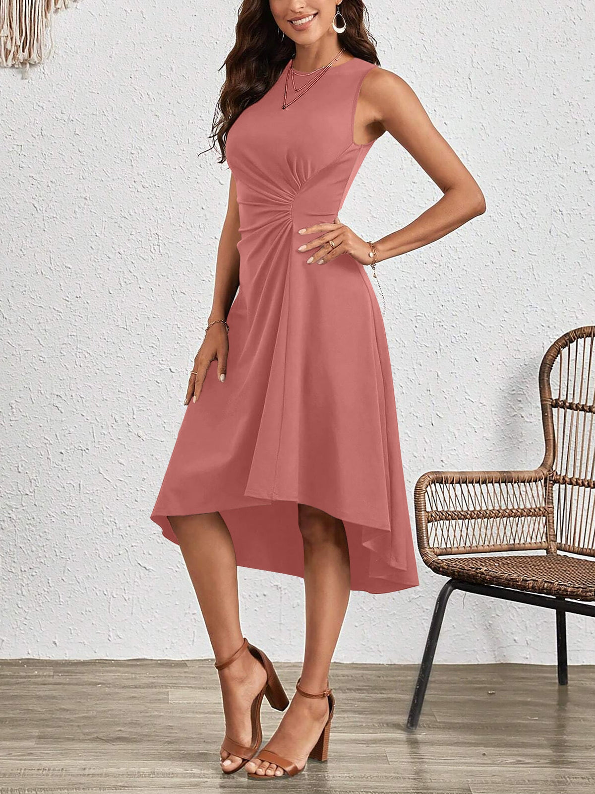 Sleeveless Ruched Irregular Hem Midi Dress