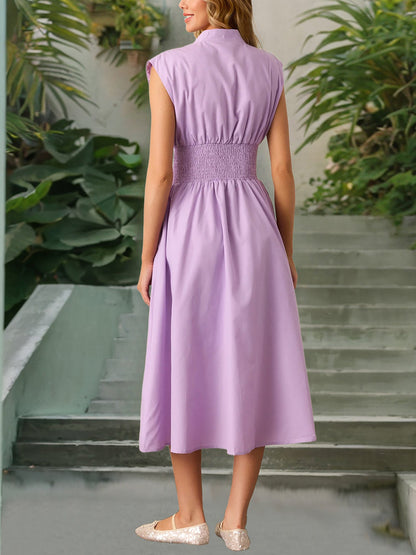 Casual Linen-Cotton Cap Sleeves V Neck Pocketed Zipper Slit Midi Dress
