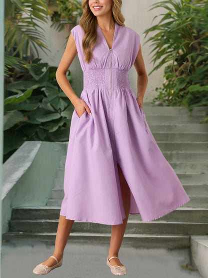 Casual Linen-Cotton Cap Sleeves V Neck Pocketed Zipper Slit Midi Dress