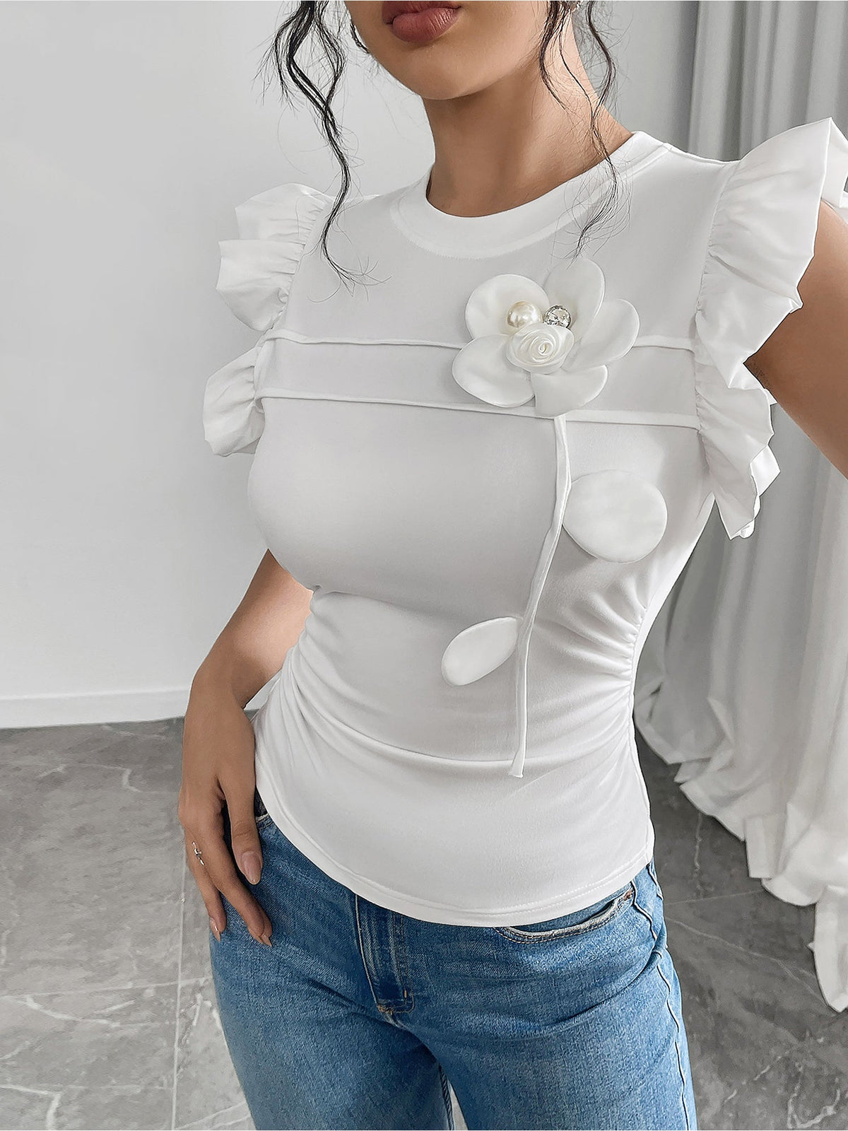 Ruffled Cap Sleeves Flower Decor Blouse