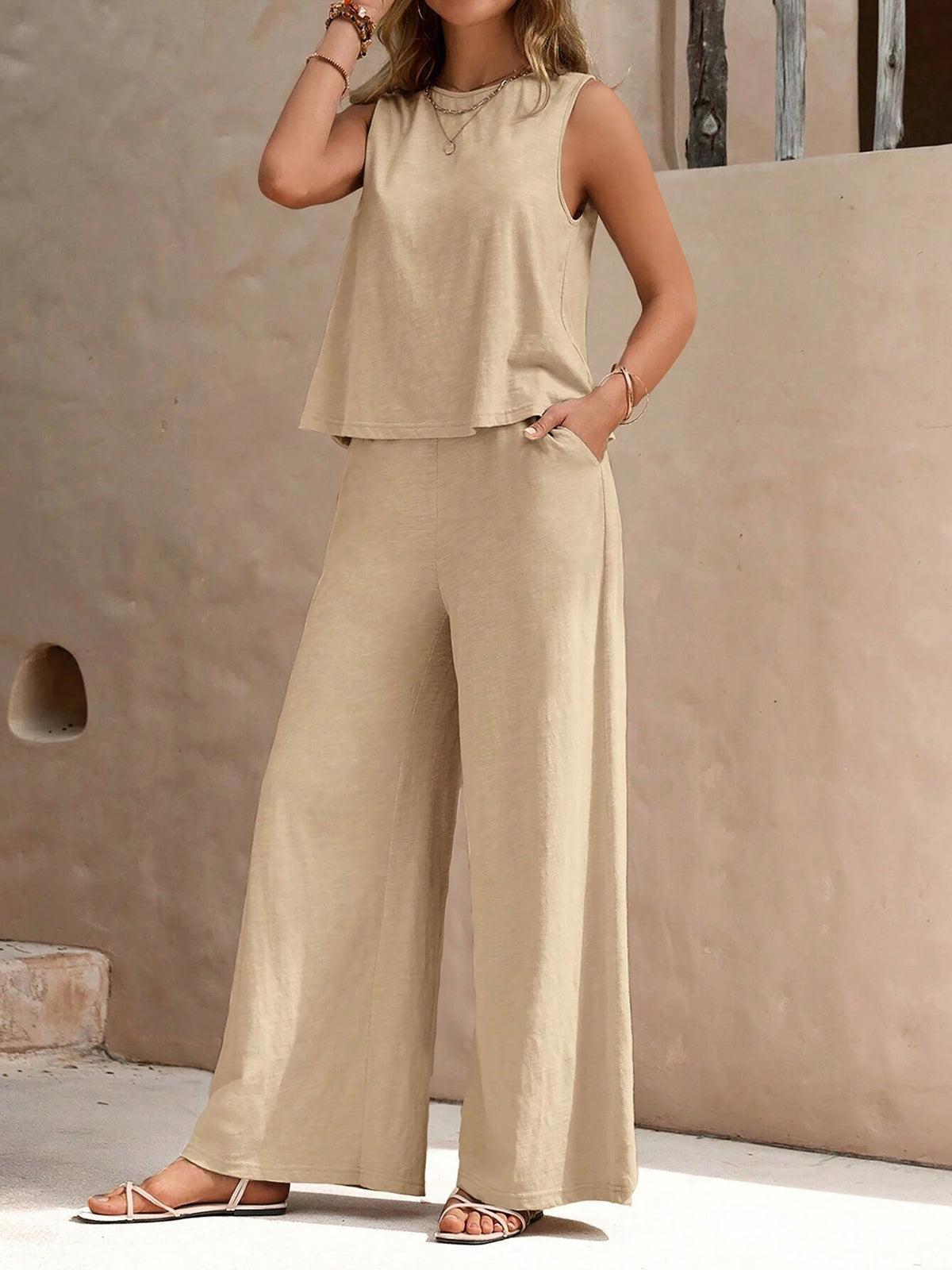 2 Pieces Solid Color Sleeves Top & Wide Leg Pants Lounge Set