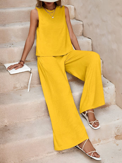 2 Pieces Solid Color Sleeves Top & Wide Leg Pants Lounge Set