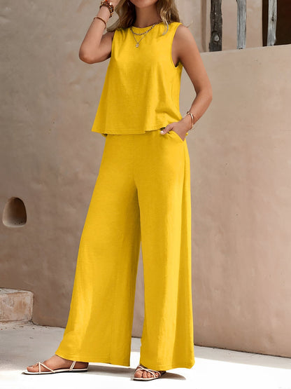 2 Pieces Solid Color Sleeves Top & Wide Leg Pants Lounge Set